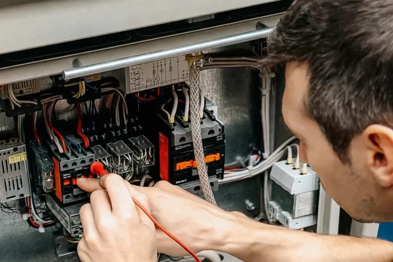Electrician testing an open electrical panel with a multimeter