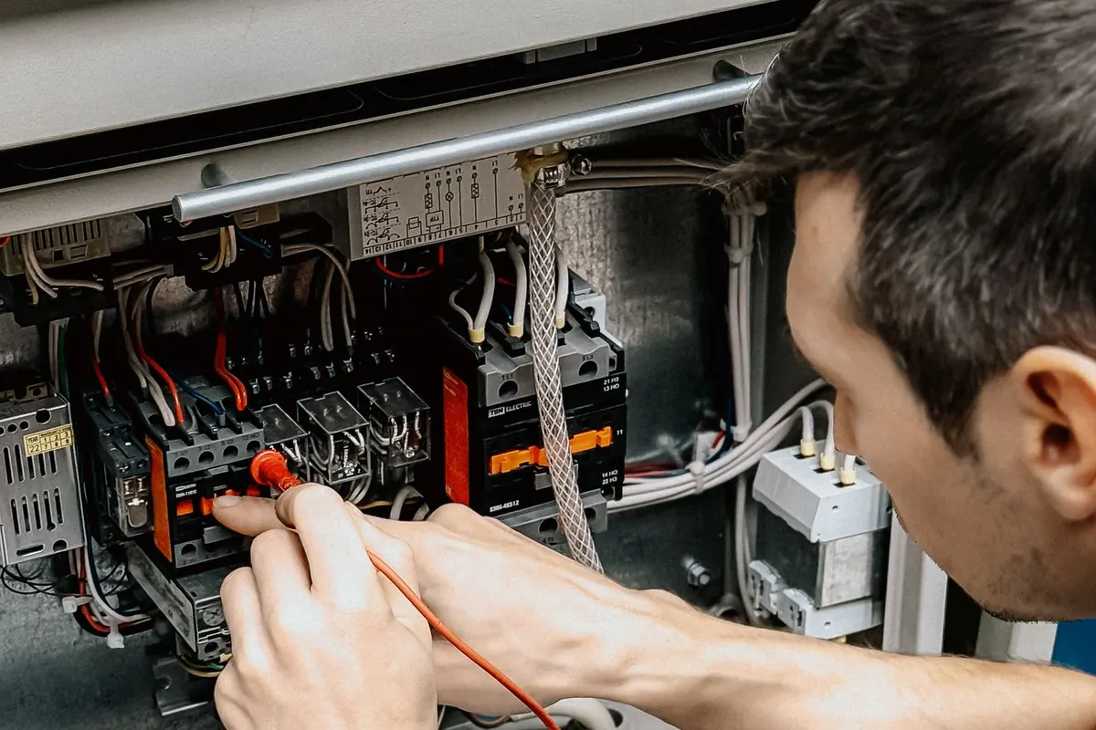 Electrician testing an open electrical panel with a multimeter