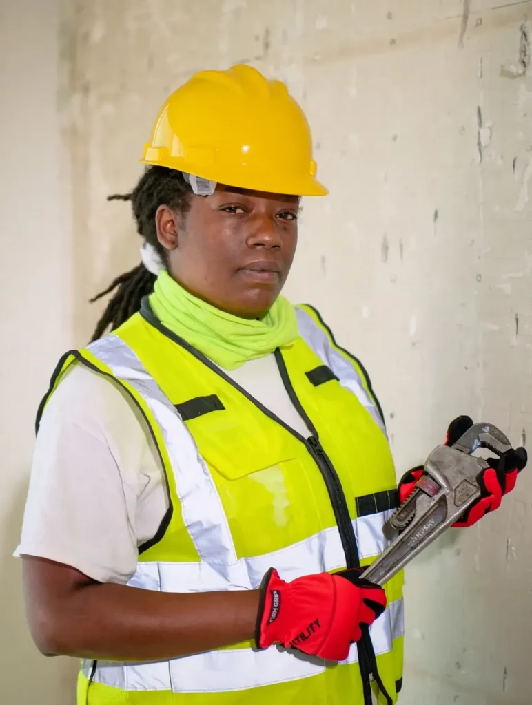 Plumber in a hard hat and safety vest holding a large pipe wrench