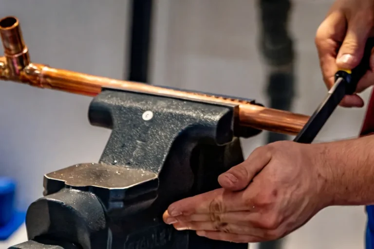 Plumber filing a copper pipe held in a bench vise